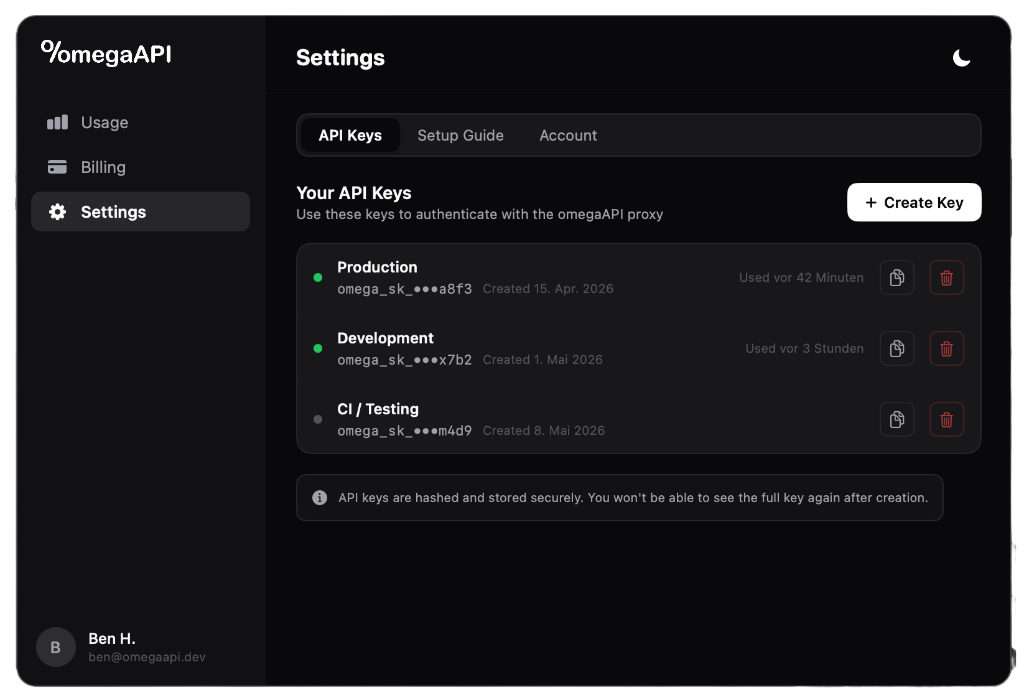 omegaAPI API Keys