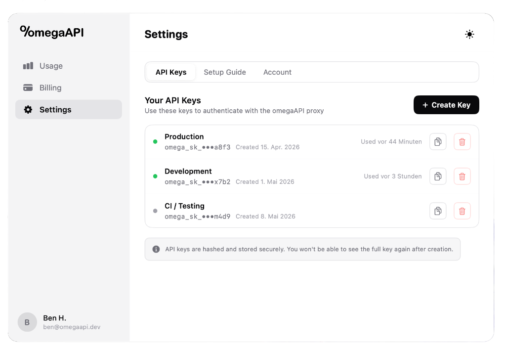 omegaAPI API Keys